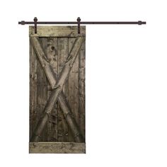 an old wooden door with metal bars on the top and bottom, against a white background