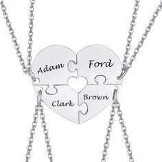 "Are you looking for gifts for your friends or your family to show your love for them? Our Personalized Best Friends Necklaces For 4pcs Puzzle Heart Family Love Pendant Friendship BFF Free Engraving will be your great choice.You can engrave your name and your friend's names or family member's names on the pendants. Come and engrave today.It will come A 4pcs/Set. ★ Item Description: * Material:High Quality Stainless Steel * Item Type:Pendants * Pendant Size:35mm/1.38inch * Chain Length:50cm/19.7I Best Friends Necklaces, Heart Puzzle, Best Friend Necklaces, Love Pendant, Friend Necklaces, Premium Gift, Family Love, Message Card, Silver Rose Gold