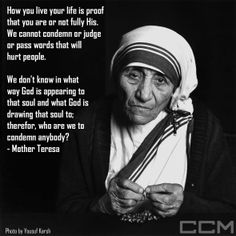 an old woman wearing a headscarf with a quote from mother teresa