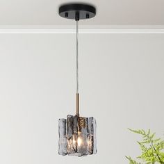 a light fixture hanging from the ceiling in a room with white walls and green plants