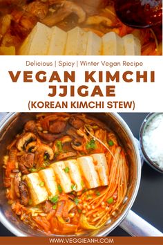 an image of vegan kimchi in a pot with rice and vegetables on the side