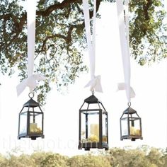 three hanging lanterns with candles and ribbons tied to them are suspended from the branches of a tree