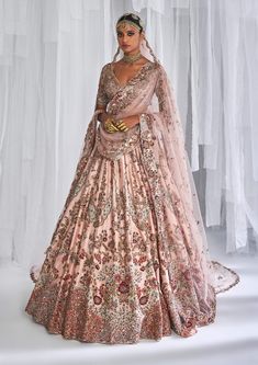 Dolly J-Lillian Champagne Pink Bridal Lehenga Set-INDIASPOPUP.COM Silk Bridal Lehenga, Head Veil, Pink Bridal Lehenga, Pengantin India, Raw Silk Lehenga, Champagne Pink, Pink Lehenga, Embroidered Lehenga, Silk Tulle