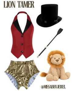 the lion tamer costume includes a top hat, gold panties and a teddy bear