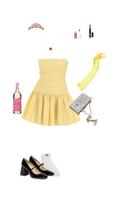 a woman's outfit and accessories are arranged in the shape of a skirt, heels, bottle of wine, shoelaces