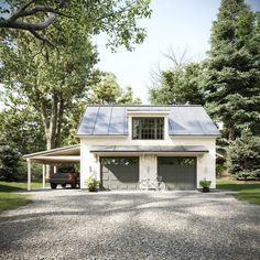 a car is parked in front of a house with a solar panel on the roof