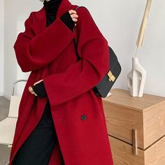 Red Overcoat Outfit Women, Red Long Coat Outfits Winter, Red Wool Coat Outfit, Red Coat Outfit, Red Long Coat, Long Coat Outfit, Wool Long Coat, Winter Coat Women, Red Wool Coat