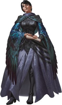 a woman in black and blue dress holding a book with large wings on her shoulders