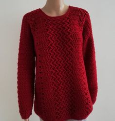 *** This is listing for the pattern only, NOT a finished item!***THIS PATTERN HAS BEEN FEATURED IN ISSUE 47 OF CROCHET NOW, SEPTEMBER 2019!!!The love, life, enthusiasm, cheerfulness, the quickness and the sharpness: this sweater has it all, just like the color red itself.The middle of the front panel, made with a crossed stitch, looks like small flames that are blowing upwards. Two delicate lace stripes on the sides of the panel make this look complete. The back and sleeves are crocheted with a Crossed Stitch, Jumper Pattern, Crochet Pullover, Crochet Women, Crochet Sweater Pattern, Jumper Patterns, The Color Red, Sweater Oversized, Crochet Woman