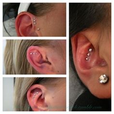 four different views of a woman's nose with piercings