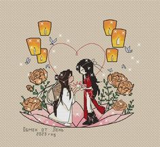 cross stitch pattern with two women holding hands in front of a heart and flowers, surrounded by candles