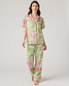 Our Women’s Pajama Pants Set—that also passes as WFH loungewear—is the perfect combination of comfort meets fashion with its classic shape and features. From the piping detail, to the adjustable ribbon waist, this set offers a favorable fit on all. Add a bespoke touch with your choice of monogram. 50% Modal & 50% Cotton light and airy with classic piping detail pants have elastic waist with adjustable ribbon tie If you choose to monogram, it will be placed on the front left chest pocket. Please Playful Relaxed Fit Pajama Party Sets, Wfh Loungewear, Roller Rabbit Pajamas Green, Playful Cotton Pajama Sets, Playful Printed Cotton Sleepwear, Playful Printed Spring Sleepwear, Katie Kime, Embroidered Clothes, Ribbon Tie