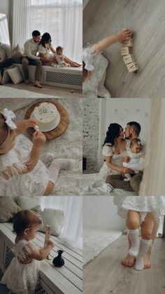 a collage of photos with people and babys in white outfits sitting on couches