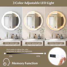 three color adjustableable led light for bathroom mirror and wall mounted vanity with 3 different functions