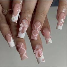 Bows Aesthetic, Coquette Nails, Long Square Nails, Short Fake Nails, Nagel Tips, Aesthetic Nails, Nails Square, Fake Nails With Glue, Coquette Pink