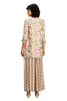 Beige chanderi kurta with floral print and sequins hand embroidery. Comes with palazzo. - Aza Fashions Traditional Wear With Printed Motifs For Reception, Reception Traditional Wear With Printed Motifs, Traditional Wear With Printed Motifs For Navratri Reception, Traditional Set With Printed Motifs For Reception, Navratri Traditional Wear With Printed Motifs For Reception, Bohemian Wedding Sets With Block Print, Traditional Silk Palazzo Set With Block Print, Traditional Blouse Piece With Printed Motifs For Reception, Traditional Drape Palazzo Set With Printed Motifs For Reception