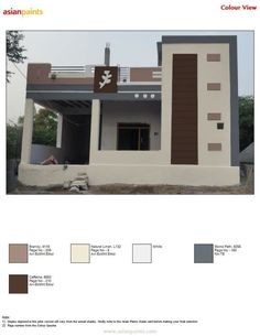 the front view of a house with brown and white trims on it's walls