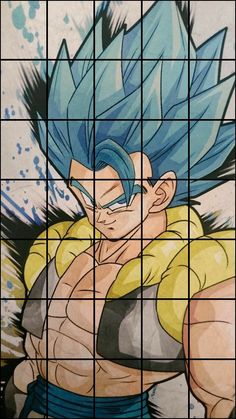 an image of a cartoon character with blue hair and no shirt, standing in front of squares