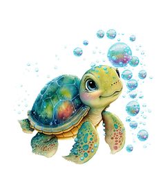 a painting of a turtle with bubbles in the background