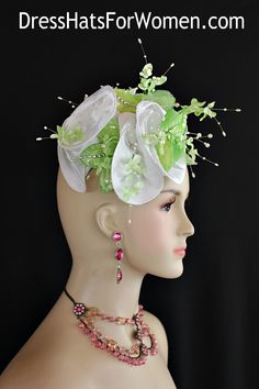 Women’s Lime Green And White Fashion Designer Haute Couture Hat Headpiece Wedding Bridal Fascinator Hair Accessory. A White Satin Bow Is Added To This Beautiful Cocktail Hat, Embellished With Hand Dyed Vintage Silk And Velvet Sequin Glass Beaded Millinery Flowers Accented With Rhinestones. This Couture Custom Made Headpiece Is Made On A Lime Green Acetate Felt Shaped Mini Pillbox Base. Shooting Pearls Within The Vintage Flowers Top Off This Gorgeous Headpiece. This Formal Art Deco Styled 1920’s Spring Ceremony Hat-shape Headpiece, Spring Ceremony Hat-shaped Headpiece, Spring Ceremony Hat Headpiece, Spring Ceremony Hat Shaped Headpiece, Summer Ceremony Hats And Headpieces, White Fitted Hat With Pinched Crown, Whimsical White Costume Hats And Headpieces For Party, Spring Ceremony Headpiece Headband, Spring Ceremony Headpieces With Headband Shape