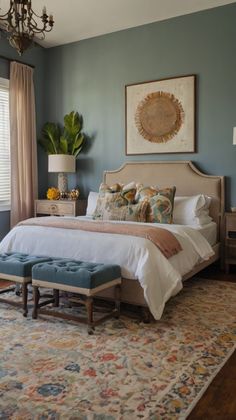 a bedroom with blue walls and a large bed in the middle, along with a rug on the floor