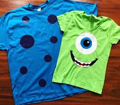 two children's t - shirts with blue and green designs on them