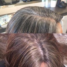 Brown Haircolor For Gray Coverage Bayalage To Hide Gray Hair, Bayalage For Gray Coverage, Gray Bayalage Hair, Grey Hair Roots, Hair Glaze, Gray Blending, Dimensional Hair Color, Pepper Hair