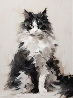 a painting of a black and white cat