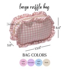 the large ruffled bag is shown with measurements