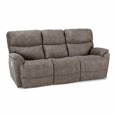 the reclining sofa is shown in grey fabric