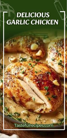 delicious garlic chicken recipe on a plate with text overlay that reads delicious garlic chicken