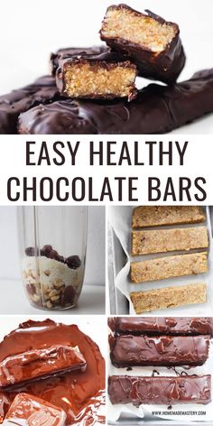 easy healthy chocolate bars with peanut butter on top and in the background, there are pictures of