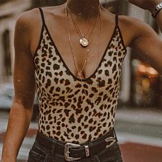 FREE SHIPPING One Piece Leopard Strappy Shirt Bodysuit JKP1029 - Allkpop Shop Strappy Shirt, Neck Necklace, Shirt Bodysuit, Casual Tanks, Overalls Women, Ladies Tops Fashion, Latest Fashion Clothes, Deep V Neck, Retro Fashion