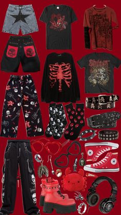 #red #emo #clothes Emo Clothes Ideas, Emo Outfit Board, Red Scene Outfits, Alt Valentines Outfit, Grunge Red Outfit, Red Emo Outfits, Gore Clothes, Red Alt Outfits, Red Emo Aesthetic