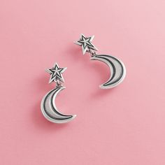 Discover the perfect pair of earrings for dreamers, stargazers or anyone who is a guiding light in your life. #MoonAndStars #SterlingSilverJewelry #JamesAvery Celestial Silver Earrings With Star Charm, Black Celestial Earrings With Moon Charm, James Avery Star Charm, Mystical Sterling Silver Moon Charm Earrings, Celestial Moon-shaped Earrings With Star Charm, James Avery, Guiding Light, Tiny Studs, The Night Sky