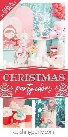 a christmas party with cupcakes, cake and decorations on the table text reads christmas party ideas