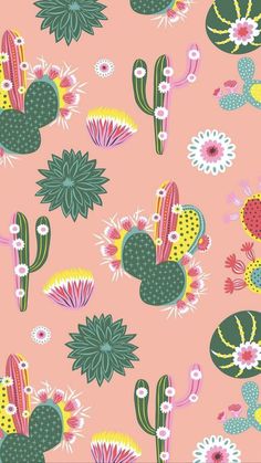 a pink background with cactus and flowers on it