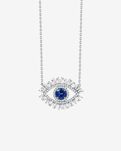 Suzanne Kalan Evil Eye Milli Dark Blue Sapphire Half Pavé Pendant in 18k white gold Blue Diamond Evil Eye Jewelry, Sapphire Jewelry With Baguette Diamonds, Sapphire Round Jewelry With Baguette Diamonds, Blue Sterling Silver Jewelry With Baguette Diamonds, Elegant White Gold Evil Eye Necklace, Elegant Evil Eye Necklace, Elegant Evil Eye Pendant Jewelry, Evil Eye Symbol, White Diamond Necklace