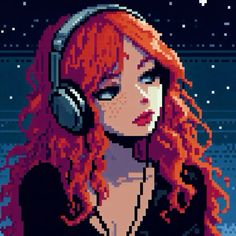 #pixelart #redhair Girl With Headphones, Redhead Girl, Red Hair, Headphones