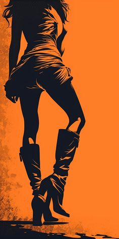 the silhouette of a woman in cowboy boots is shown against an orange background with text