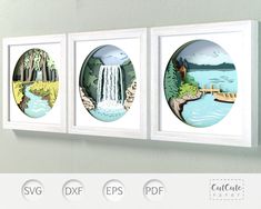 three framed pictures hanging on the wall with water and trees in them, along with text that reads svg dxf eps