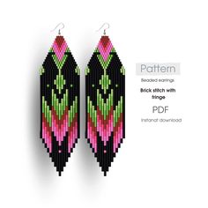 the pattern for earrings is shown in black, pink and green