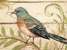 a bird painted on the side of a wooden wall with vines and leaves around it