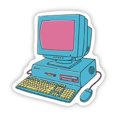 an old computer with keyboard and mouse sticker