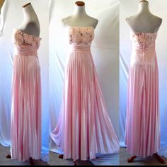 three different views of a pink dress on a mannequin headdress,