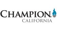 the logo for champion california with blue flames on it's side and black lettering