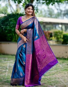 Type: Saree Saree Color: Cobalt Blue Blouse Color: Magenta Saree Length: 6.2 Mtrs Blouse Length: 0.80 Mtr Fabric: Soft Banarasi Silk Work: Zari Weaving Care Instruction: Hand Wash Product Code: 53467 Magenta Saree, Saree Designs Party Wear, Color Magenta