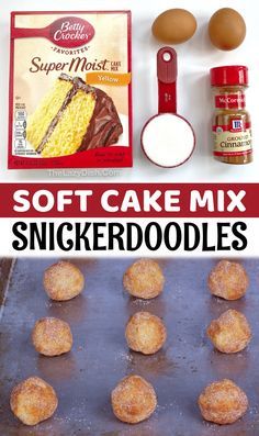 the ingredients for soft cake mix are displayed on a baking sheet and in a pan