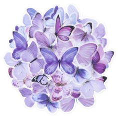 a bunch of purple and white butterflies on a white background