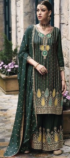 Green color Salwar Kameez in Art Silk fabric with Embroidered, Resham, Thread, Zari work Plazzo Suits, Model Accessories, Pakistani Suit, Palazzo Suit, Silk Bottoms, Ghagra Choli, Shalwar Kameez, Clothing Websites, Designer Dresses Indian